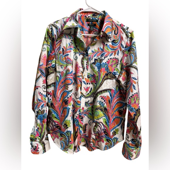 Lauren Ralph Lauren Paisley Print Button Down Shirt L Cotton Non-Iron - Picture 1 of 3